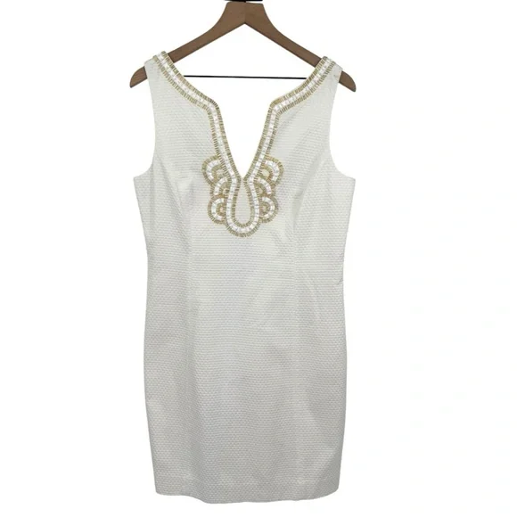 Lilly Pulitzer Valli Shift Dress White Gold Embellished Size 12 Cocktail Resort - Picture 7 of 14